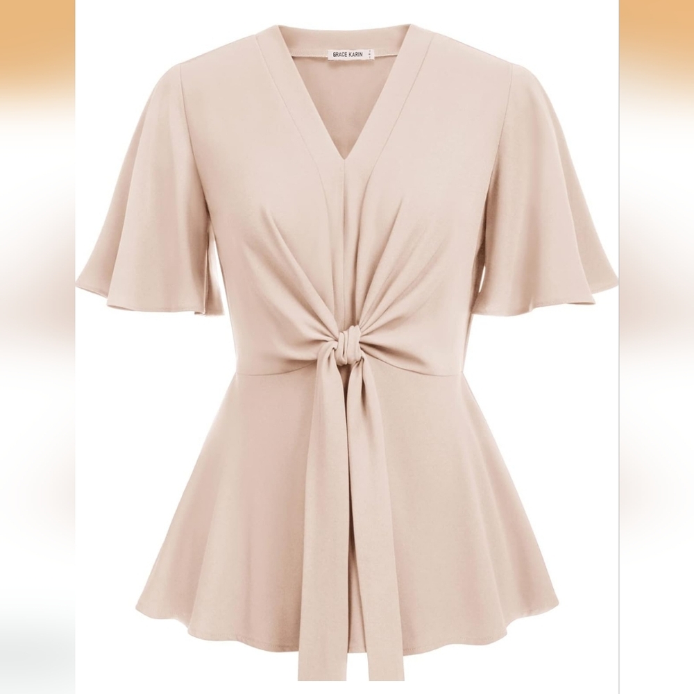 Grace Karen Cream V-Neck Peplum Tie-Front Blouse Size Extra Large